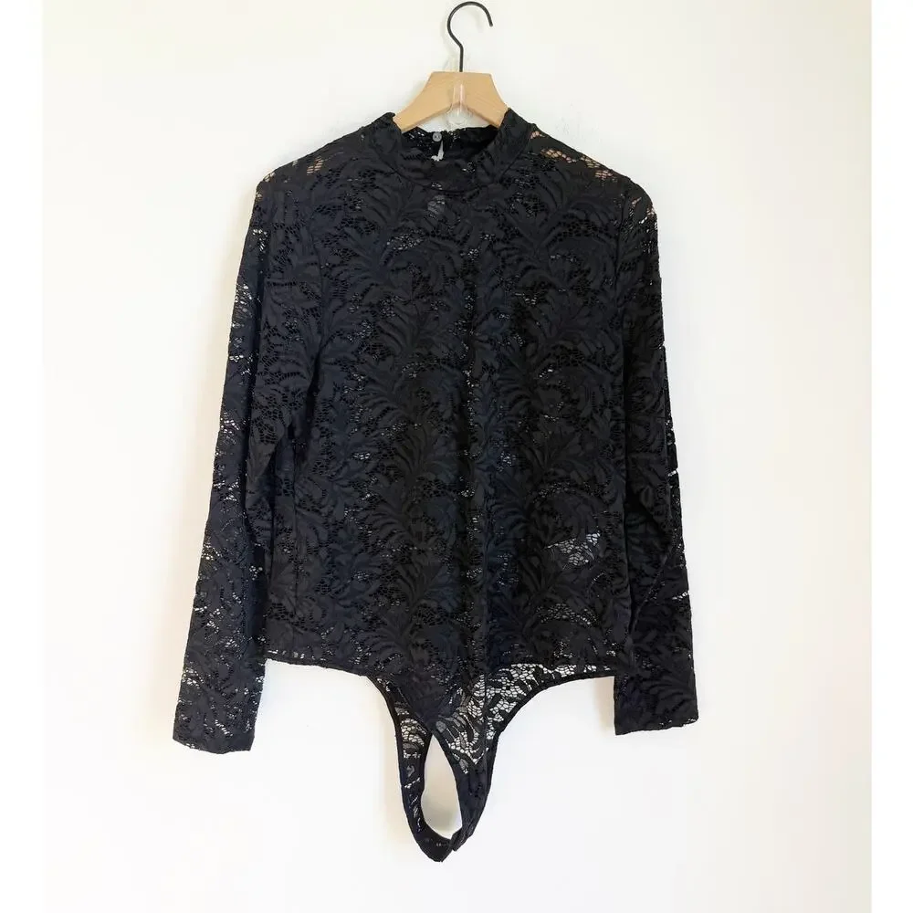 NWOT Banana Republic Black Lack Mock Turtleneck Bodysuit XL
